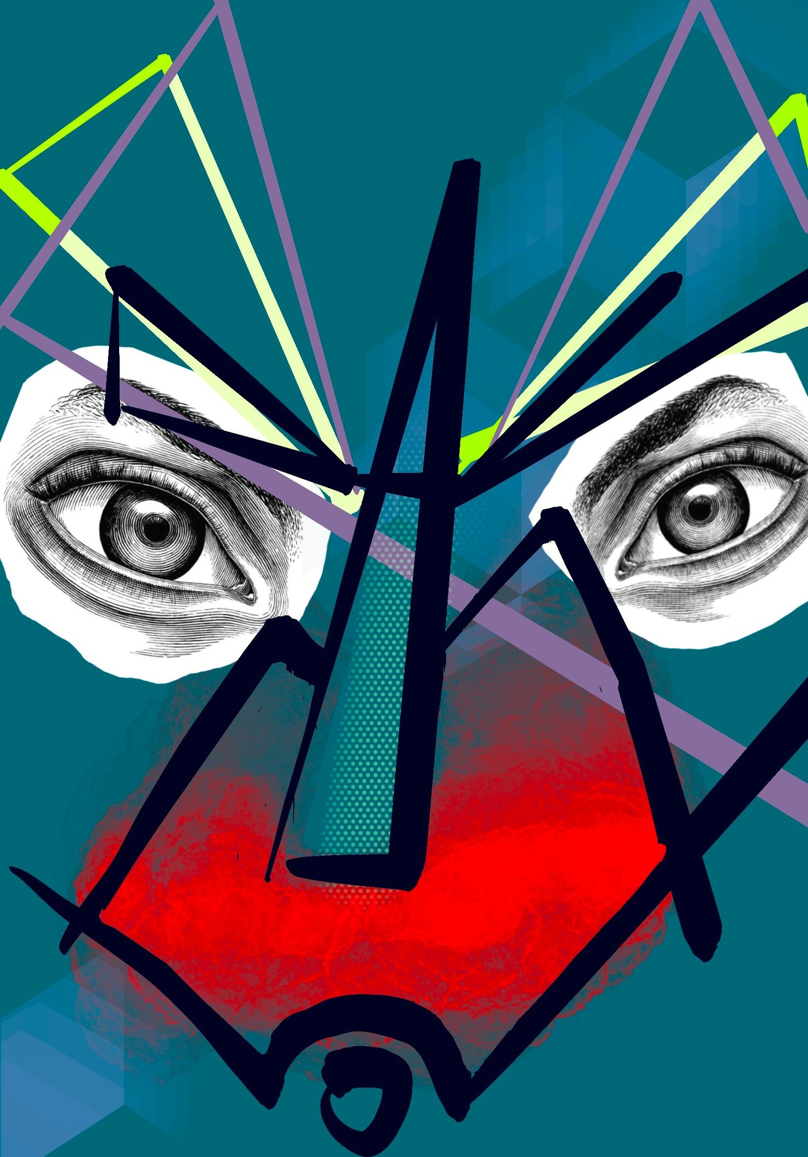 A collage face on teal: cut-out eyes, a long nose of thick black brushstrokes, red smudges and pale yellow and purple lines.